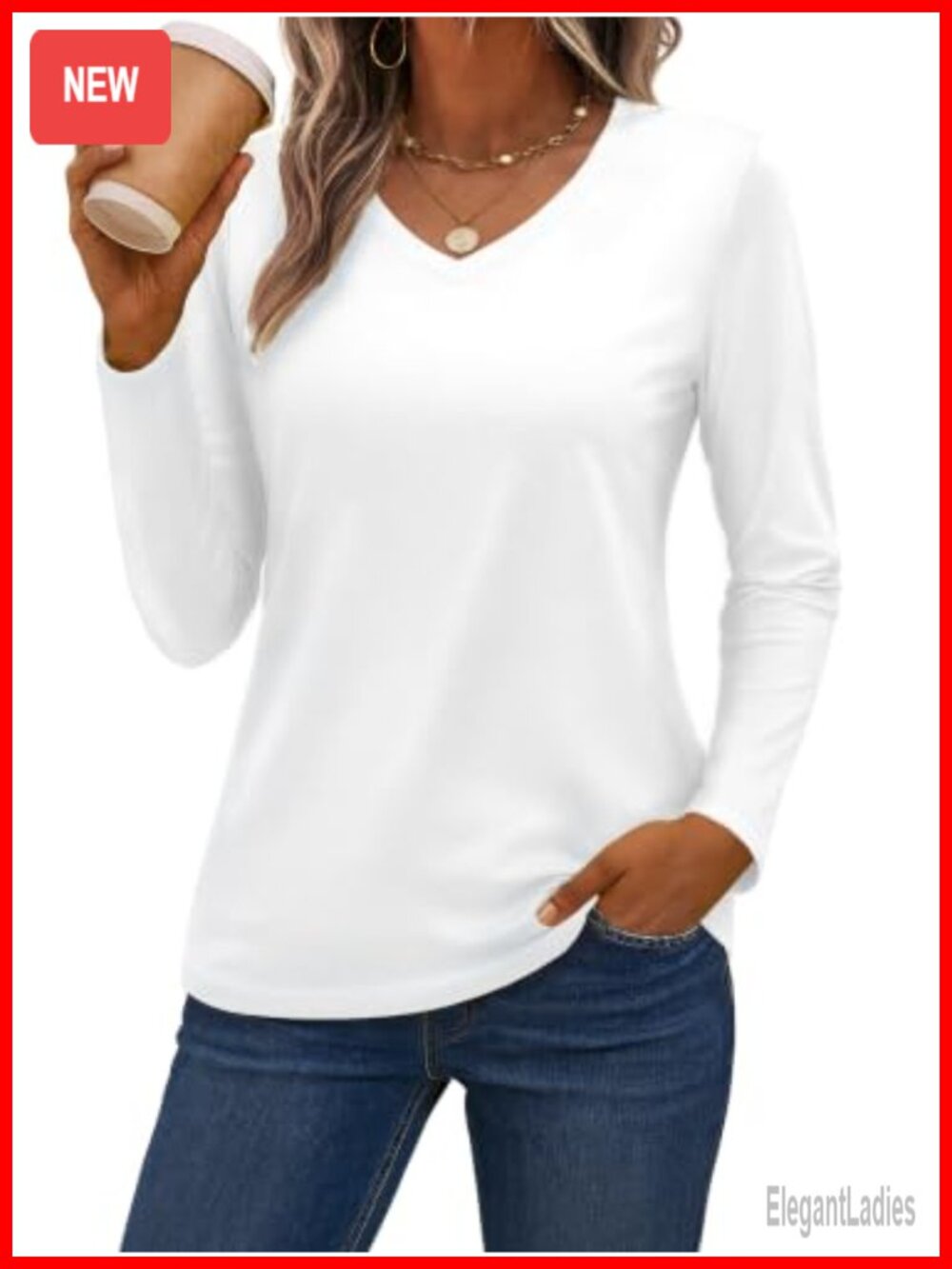 SMENG Women's Long Sleeve V Neck T-Shirt Pure Cotton Semi-Fitted Casual Top
